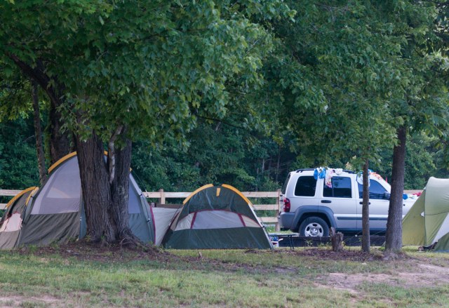 Two tents nestled together on one of our water/electric tent sites during the summer months! Our beautiful green forest can be seen in the background.