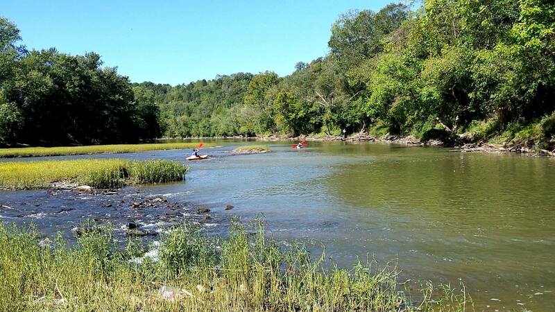 Kayaks paddling down the river