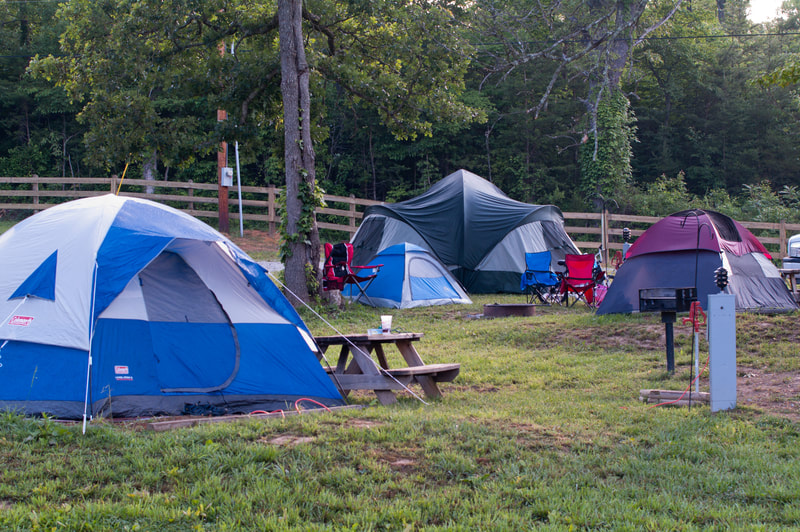 Several tents set up at our water/electric tent sites. The picture was taken during the early morning hours. Everything is green and crisp.